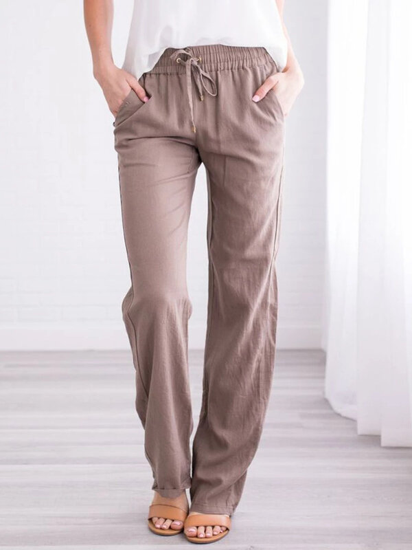 Брюки женские с широкими штанинами, свободные хлопково-льняные штаны на шнуровке, длинные с карманами, WDC4496, на лето