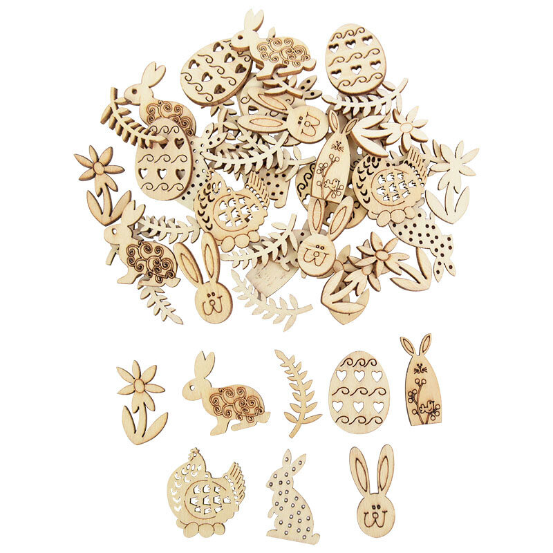 50/100 pçs misture peças de madeira ovos de coelho de páscoa fatia de madeira para diy arte de madeira decoração ornamentos pendurados artesanato natural