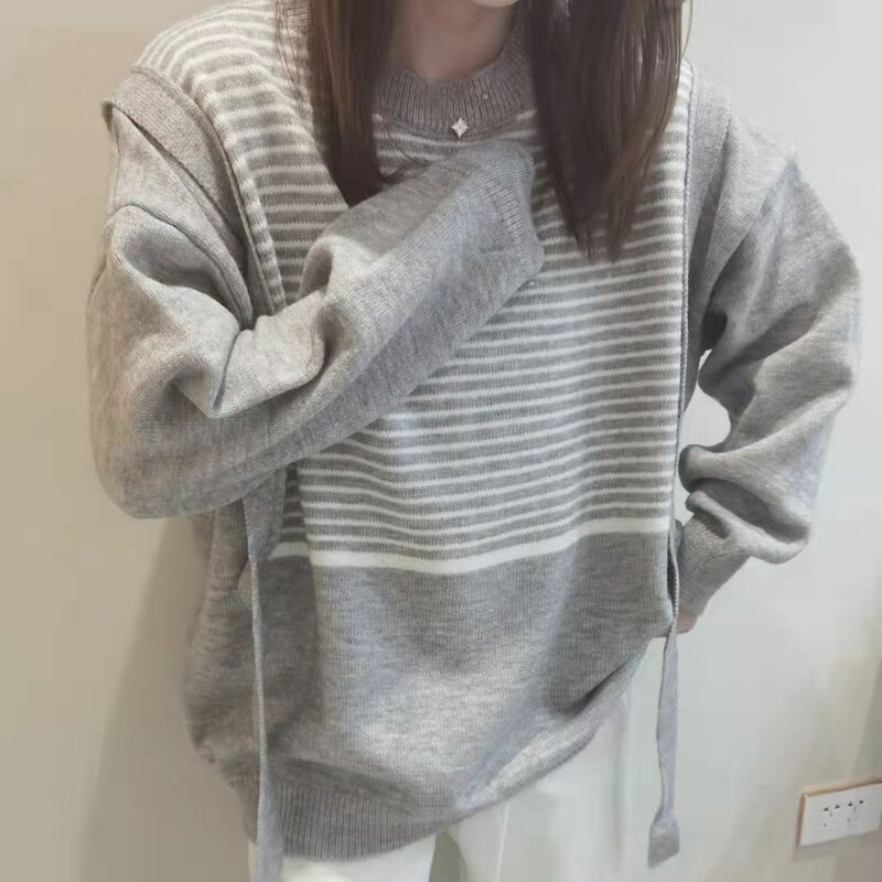 Женский трикотажный пуловер с круглым вырезом, в полоску