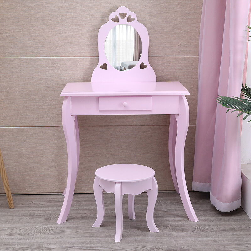 Tocador de juguete para niña, 1 espejo/silla/1 cajón púrpura, tablero de alta calidad, pies doblados, diseño de arco, disponible en EE. UU.