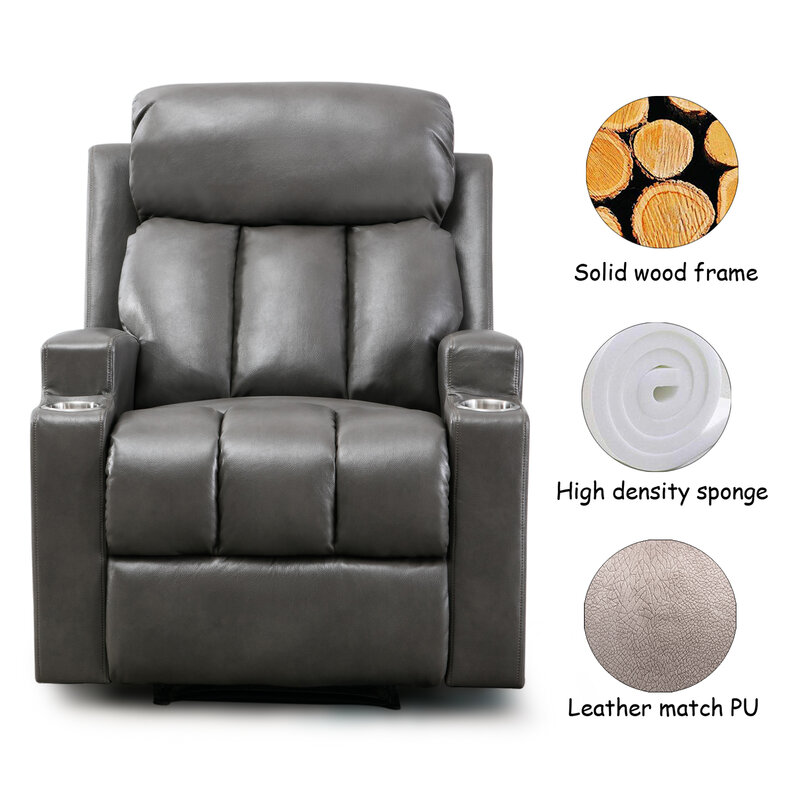 "Breathable PU Leather Recliner Chair with 2 Cup Holders Contemporary Theater Seating Padded Single Sofa  "