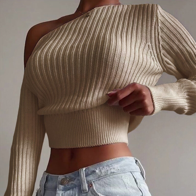 Pull tricoté à manches longues et épaules dénudées pour femme, chandail court et décontracté, de couleur unie, à la mode, nouvelle collection automne 2021
