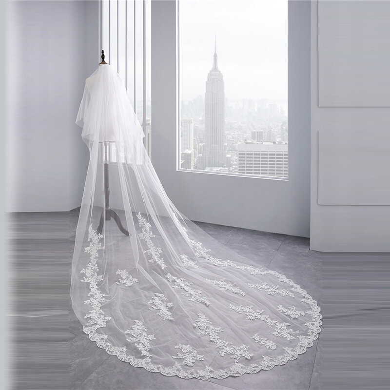 NZUK White Ivory Two Layer Lace Wedding Veil with Comb Cathedral Long Bridal Veils velos para la iglesia Wedding Accessories