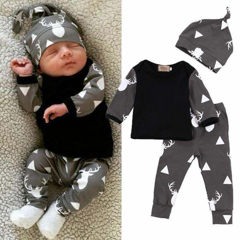 신생아 아기 소년 옷 면화 세트 인쇄 긴 소매 티셔츠 탑 + 바지 레깅스 모자 3pcs 의상 아기 가을 의류