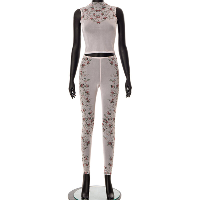 SSEURAT – ensemble deux pièces en maille imprimé Floral pour femmes, sans manches, transparent, mince, débardeur + pantalon d'entraînement, Streetwear assorti