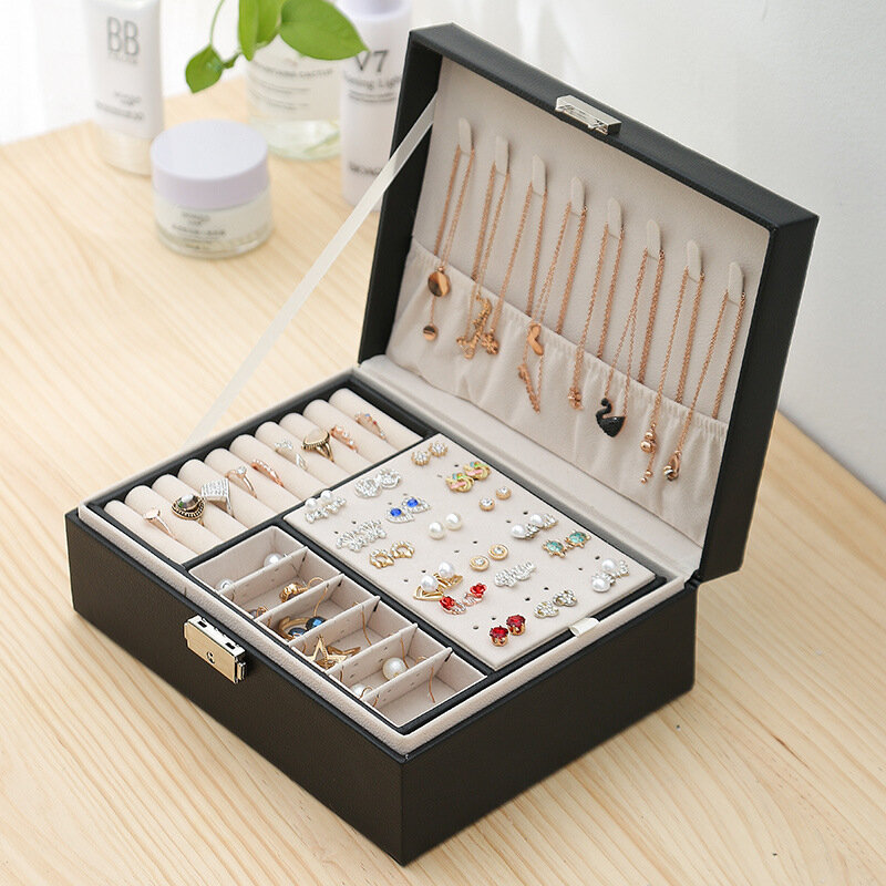 Nova caixa de jóias de couro de duas camadas organizador de exibição caso de armazenamento presente feminino com bloqueio