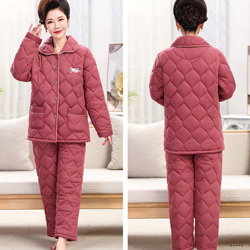 Home Middle-Aged Women Pajamas Winter Women Pajamas Women Sets New Casual Print Three Layers Thicken Warm Two-Piece Suit NBH543