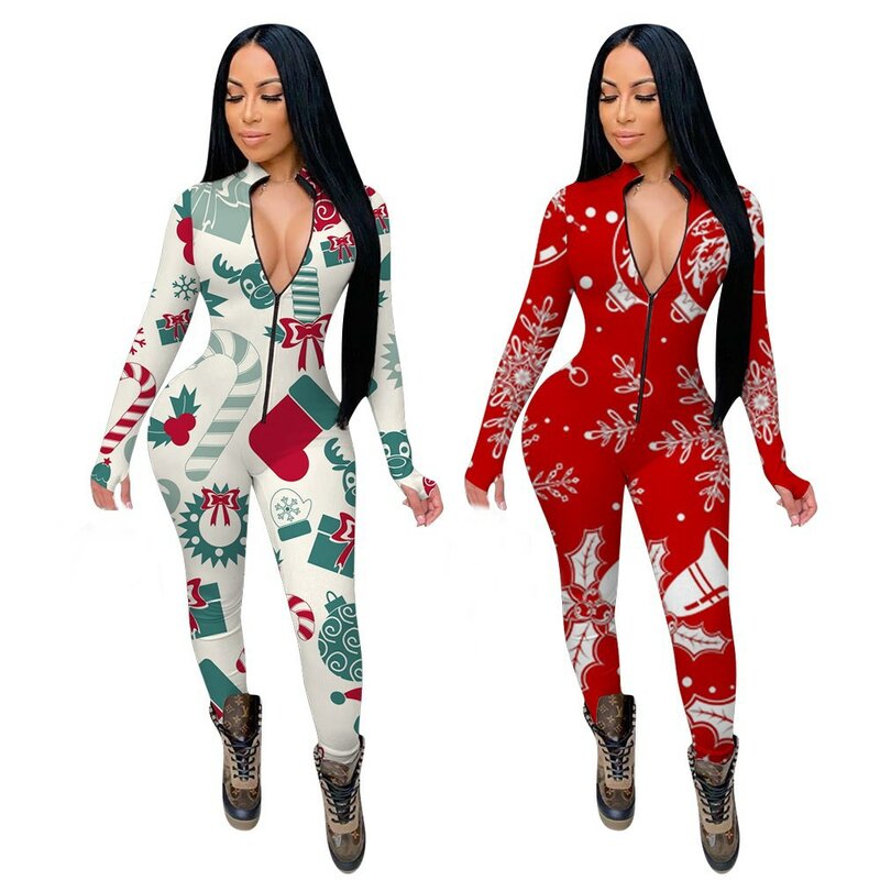 Christmas Cartoon Pattern Sexy Women Jumpsuits Zipper Long Sleeve Skinny Slim Overalls for Women Spring Fall Outfits Female
