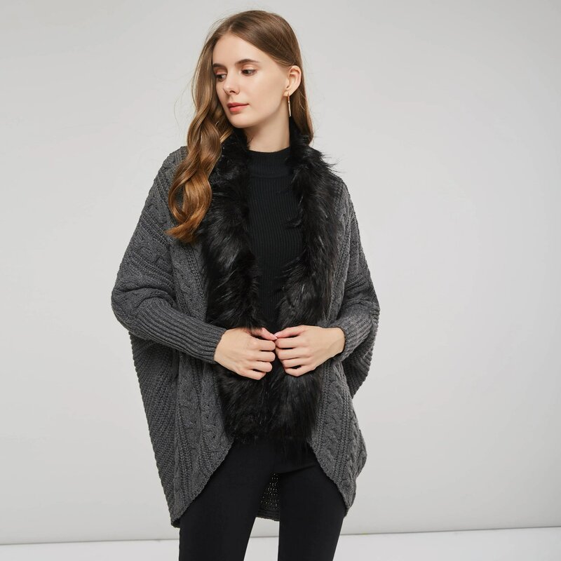 2020 de las mujeres de punto jersey tipo capa abrigo de invierno chaqueta de piel falsa cuello cálido gótico, Tops de moda de manga larga prendas de vestir exteriores