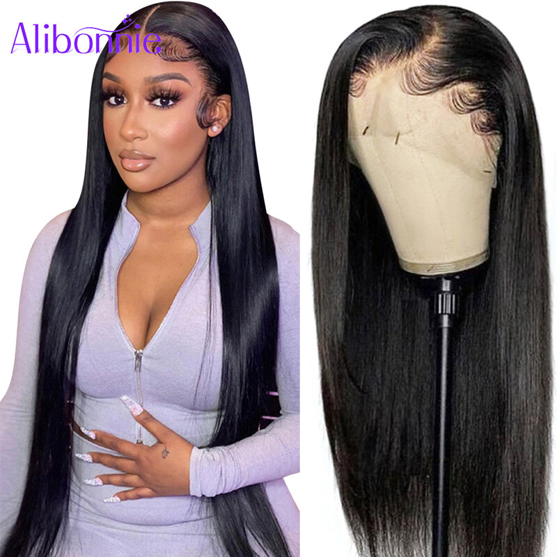 Alibonnie прямые волосы 13x 4, парики из человеческих волос на сетке спереди для черных женщин, бразильский парик на сетке, предварительно выщипан...