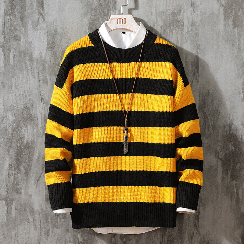 2021 New Men's Round Neck Pullover Striped Sweater Autumn and Winter Simple and Fashionable Flame Sweater