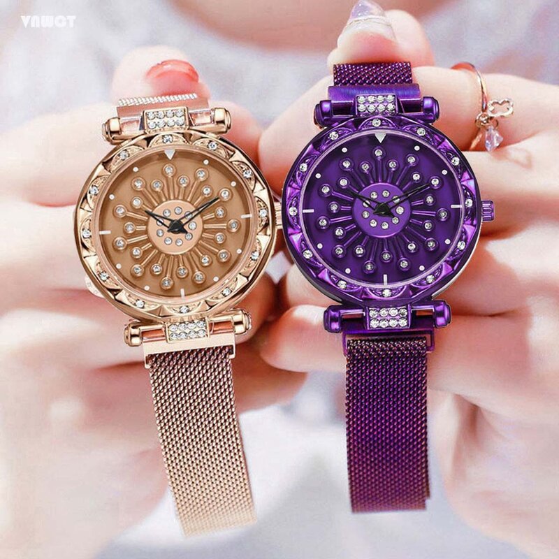 女性星空時計の高級ダイヤルダイヤモンドカジュアルクォーツ時計 + ブレスレットの女性の腕時計女性時計 zegarek damski
