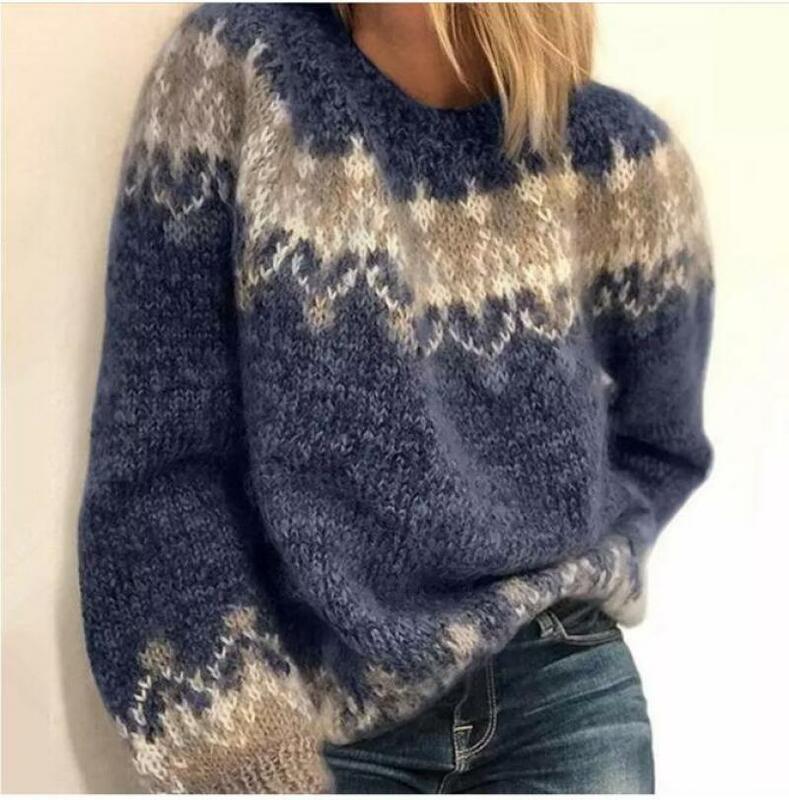 Winter O-neck Women's Sweater Long Sleeve Printed Ladies Knitted Sweater Thick Pullover Loose Warm Pullover