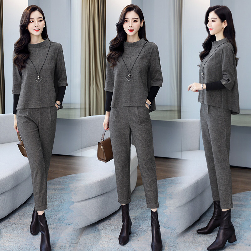Moda garnitur damska jesienna odzież 2021 nowa elegancka Slim Fit Casual Western Style wysokiej talii opadające spodnie szerokie nogawki dwuczęściowe