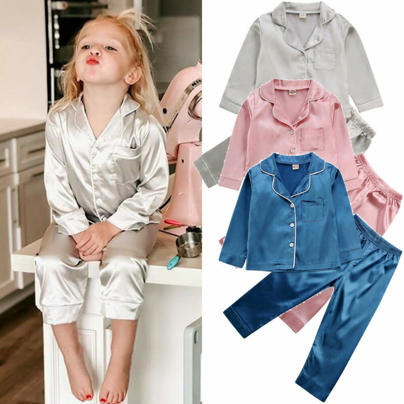 Conjunto infantil de pijama, pijama de seda cetim com manga longa, para outono e inverno, roupa de dormir para meninos e meninas
