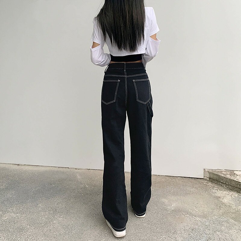 Black Streetwear Vintage Jeans Women High Waisted Cargo Pant Long Trousers Loose Straight Denim Trousers Punk 2021 Autumn New