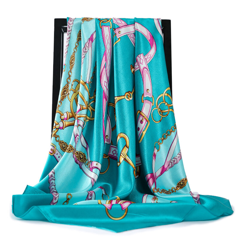 Bufandas de seda de satén para mujer, pañuelo cuadrado para la cabeza, de marca de lujo, 90x90