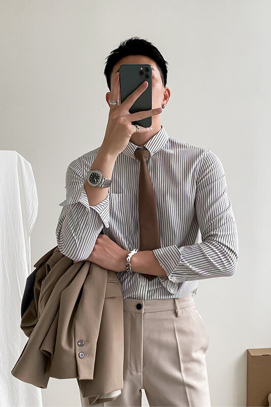 Männer Hemd Marke Mode 2021 Langarm Casual Hemd MenSlim Fit Striped Shirts Männer Formal Wear Business Bluse Homme O270