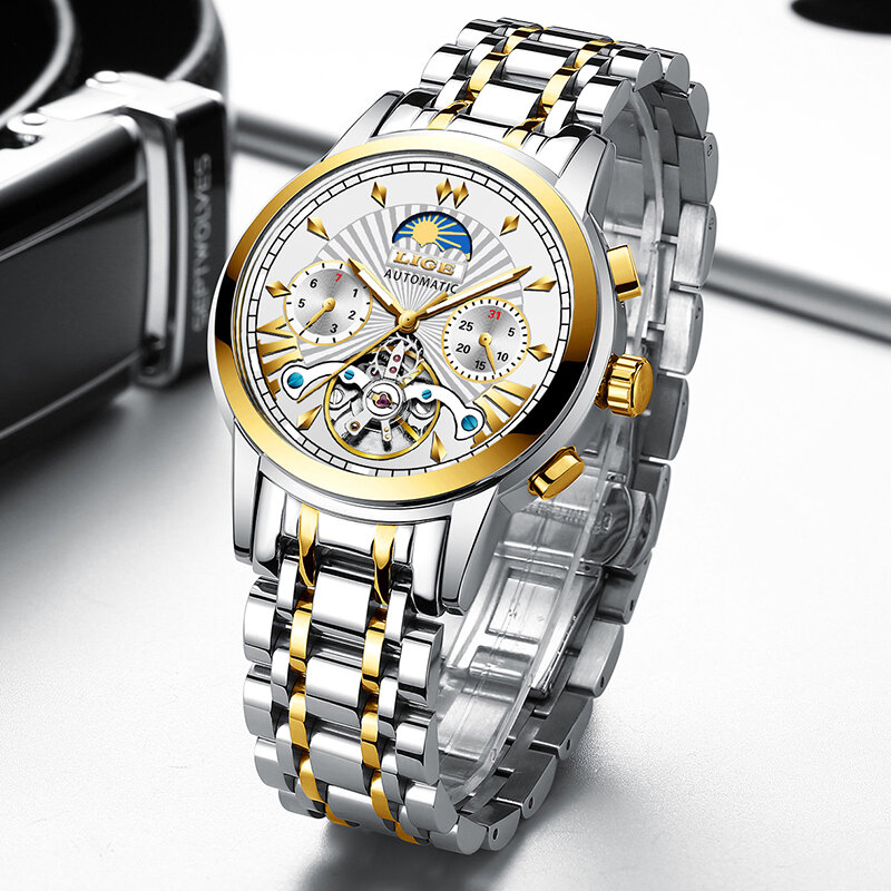 LIGE-최고 브랜드 럭셔리 스포츠 스테인레스 스틸 남성용 뚜르비용 시계, 남성 방수 시계 패션 남성 기계식 손목 시계