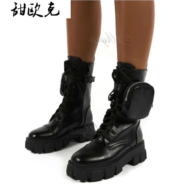 Sepatu Bot Saku Wanita Berenda Sepatu Bot Pergelangan Kaki Wanita Tali Gesper Hitam Chunky Sol Kantong Sepatu Bot Wanita Platform Sepatu Mode