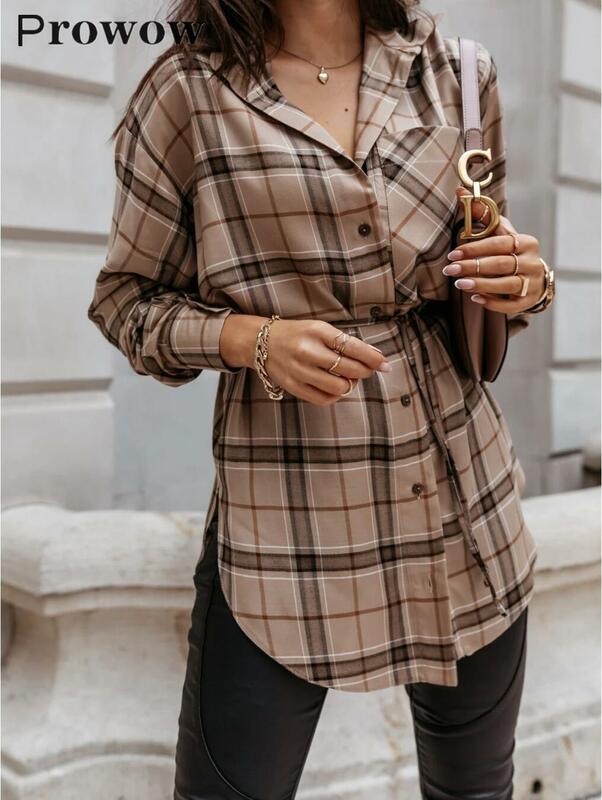 Prowow Women Long Plaid Blouse Spring Autumn Casual Long Sleeve Female Shirts Single Breasted Turndown Collar Plus Size Tops