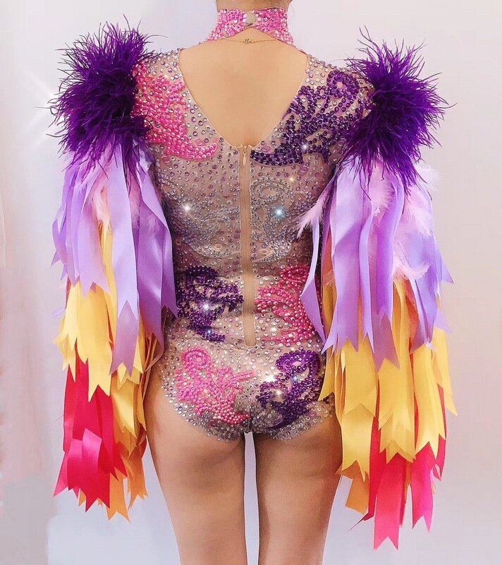 Dropshipping Kleurrijke Feather Mouw Strass Bodysuit Vrouwen Nachtclub Bar Party Outfit Prestaties Dans Kostuum