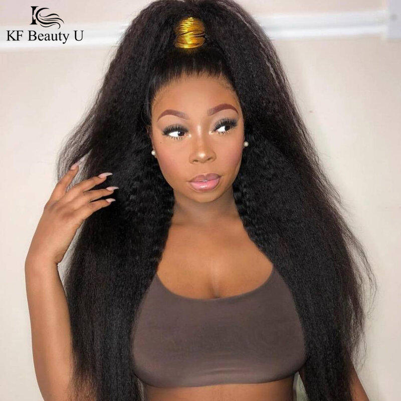 Perruque Lace Frontal Wig naturelle brésilienne Remy, cheveux crépus lisses, 13x4, 220 de densité, perruque pour femmes africaines
