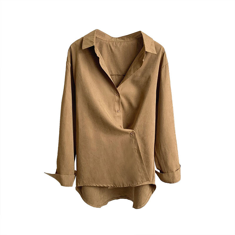 2021 가을 겨울 옷깃 셔츠 여성 단색 긴 소매 세련된 느슨한 비스듬한 단추 대학 스타일 두꺼운 블라우스 상단 8812.
