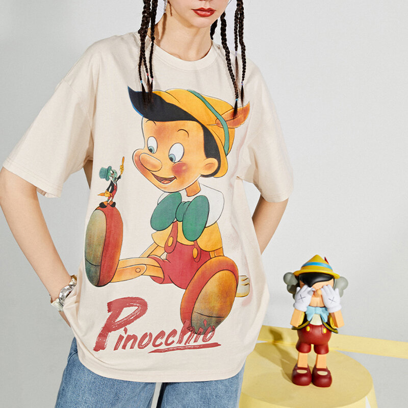Disney T-shirt w za dużym rozmiarze Harajuku przygody pinokio Cartoon O-Neck letnie kobiety z krótkim rękawem trójnik żeński topy Plus