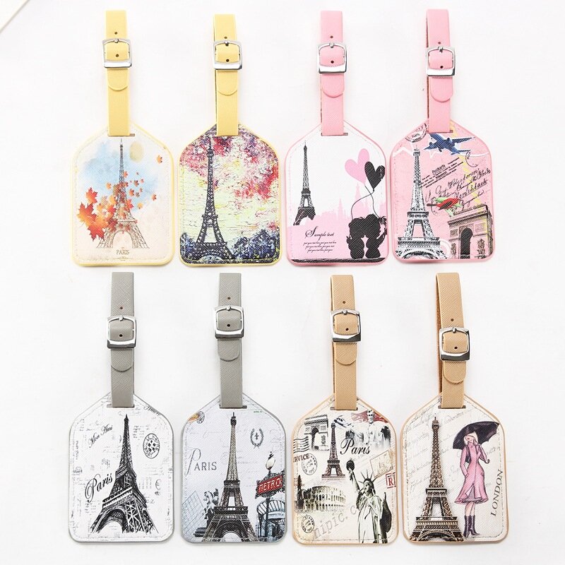 Maleta de cuero con etiqueta rótulo de equipaje, bolso colgante, accesorios de moda de viaje, Torre Eiffel