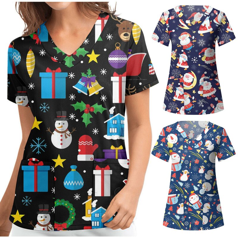 2022 Women Nursing Short Sleeve T-shirts Santa Claus Printing V-neck Tops Working Uniform Christmas Snowman Harajuku T-shirt L*5