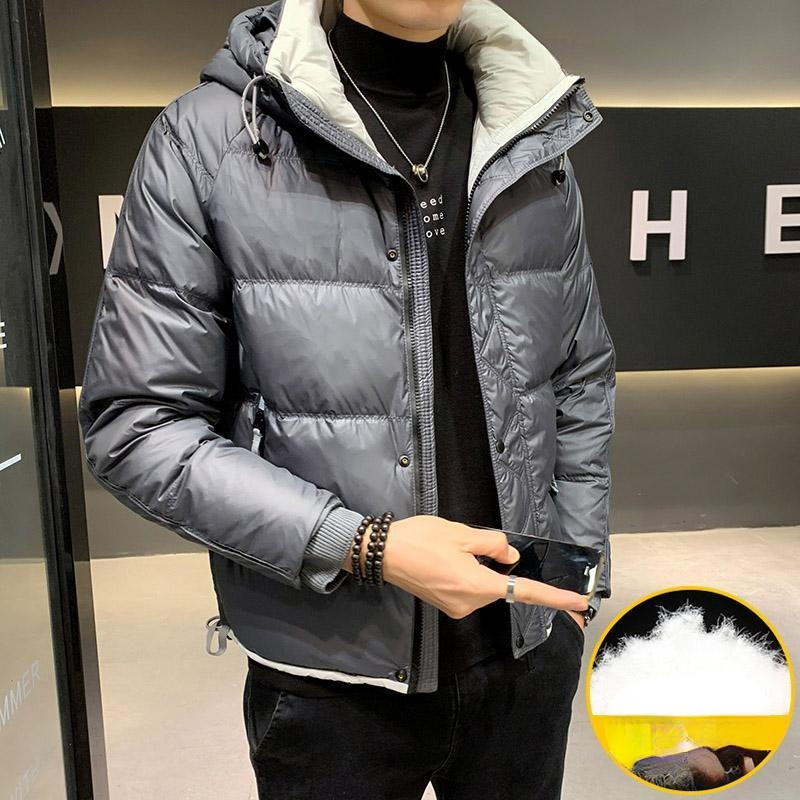 2021 inverno nova moda masculina curto grosso quente sobretudos masculino pato branco para baixo com capuz casacos de manga longa fino w831