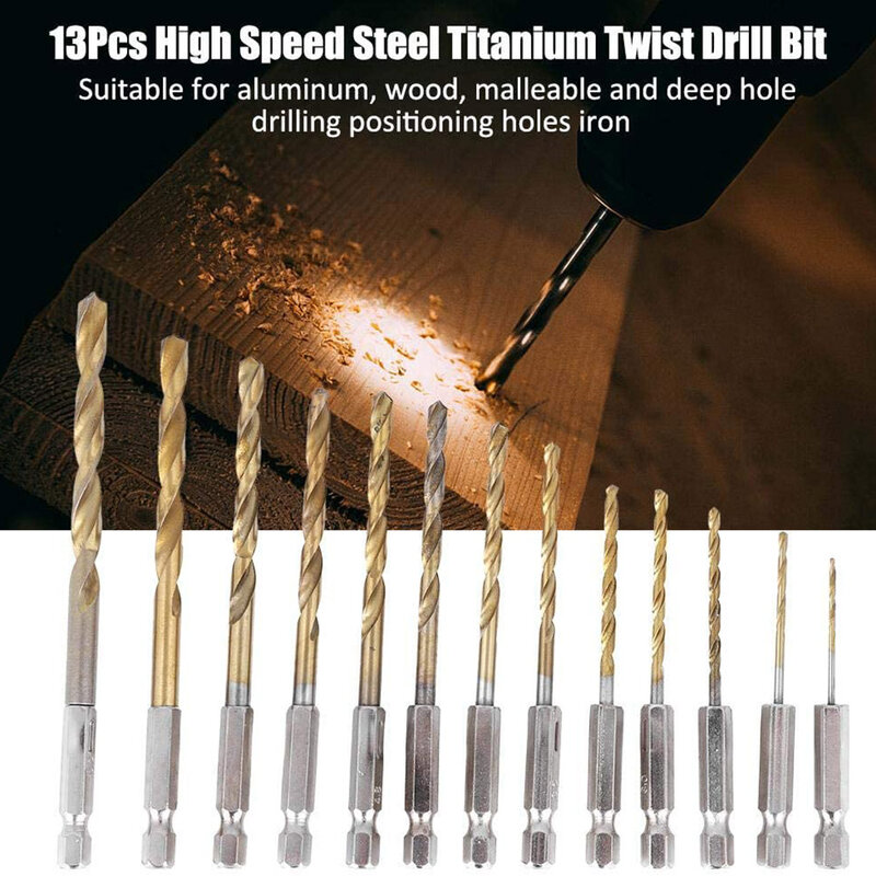 La punta di trapano rivestita titanio d'acciaio ad alta velocità di 13 pz/lotto HSS ha messo la punta di torsione dello stelo 1/4-1.5mm dell'esagono 6.5