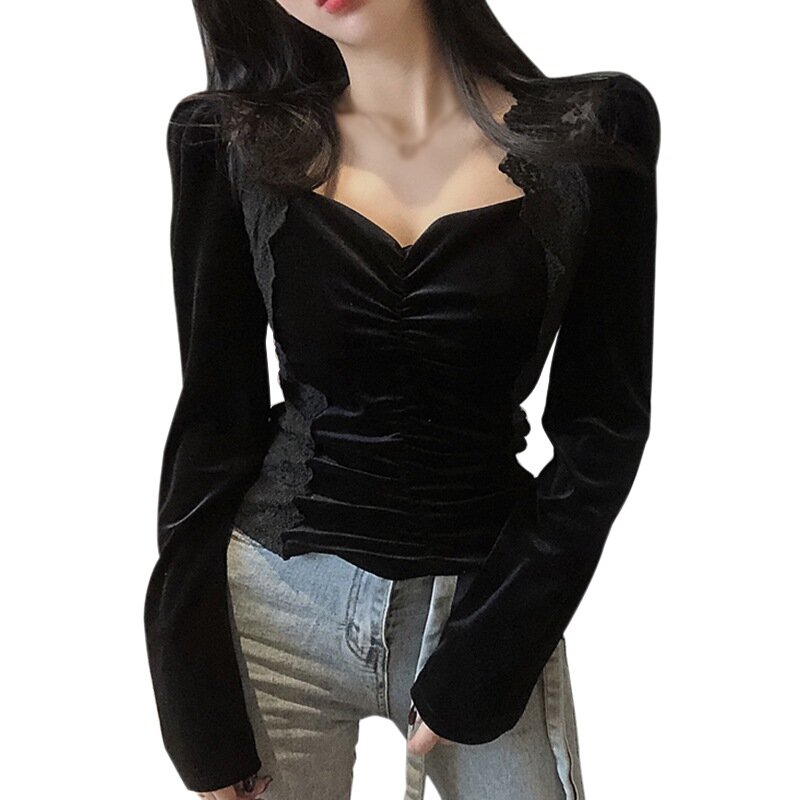 Camiseta feminina manga comprida com decote em v, camiseta feminina branca e preta com babados e rendas, blusa feminina moda primavera verão