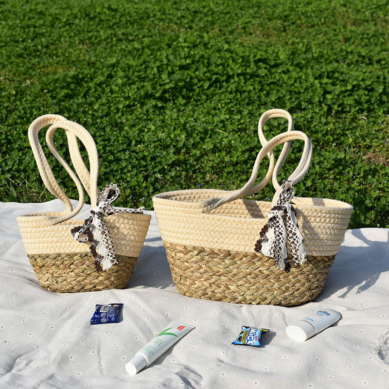 Лоскутные корзины для женщин Плетеная соломенная сумка, богемный вместительный ротанговый мешок на плечо, дорожный пляжный тоут Ins, 2021