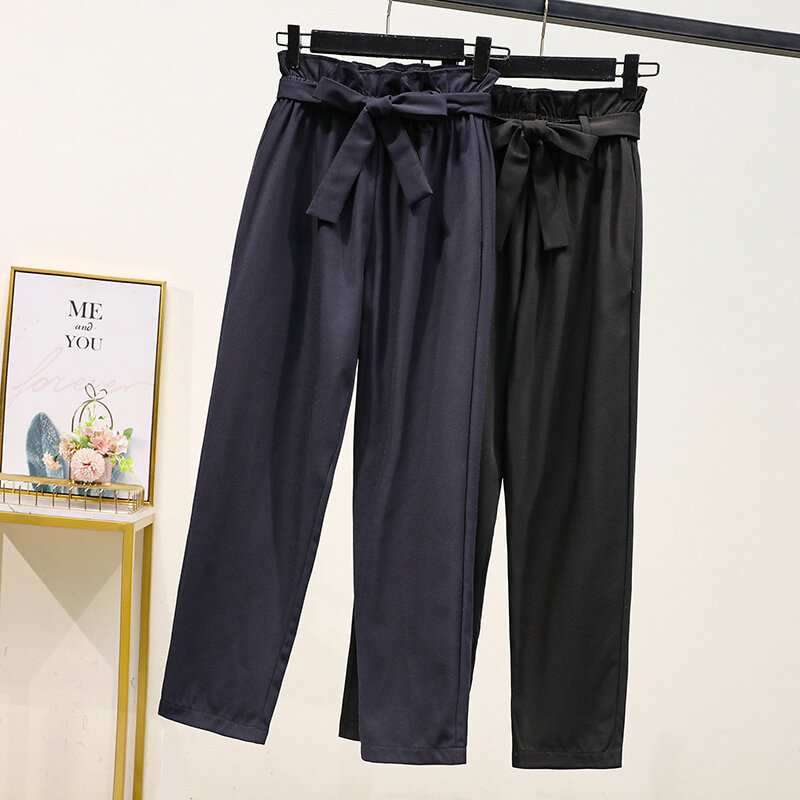 Plus tamanho babados cintura elástica calças femininas 2021 primavera em linha reta solto plissado cordão coreano tornozelo-comprimento pantalon