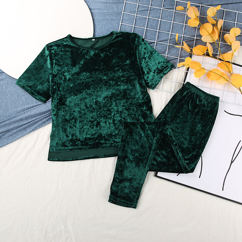 Hiloc velvet sleepwear quente sólido inverno pijama manga curta casa terno para as mulheres loungewear azul sono conjunto solto pijamas 2021