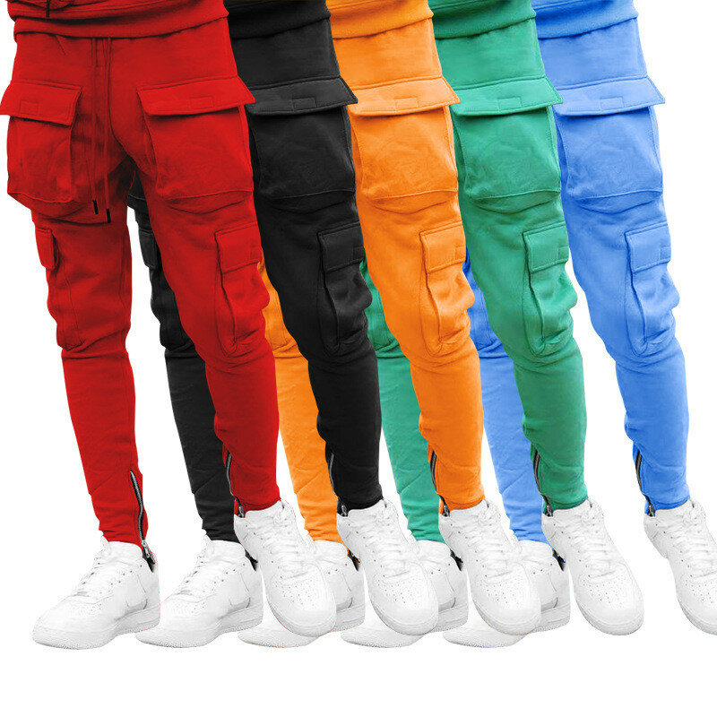 Calça de moletom masculina com vários bolsos, calça quente de moletom para corrida, estilo harém, de cor sólida, plus size, 2021