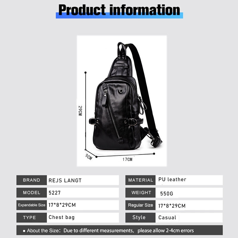 REJS LANGT Pu Leather Men's Chest Bag Retro Design Casual Crossbody Bags Headphone Design Shoulder Bag Anti-Theft Messenger Bags