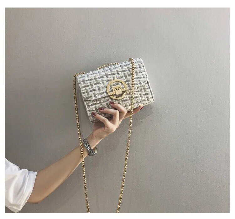 Bolso de hombro pequeño japonés para mujer, bolsa de mano de lona tejida con cadena, bolso de compras Simple a la moda