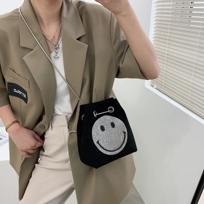 Bolsa de ombro crossbody bolsa feminina de luxo 2021 bolsas diamante sorriso padrão metal corrente casual nubuck couro das axilas bolsa