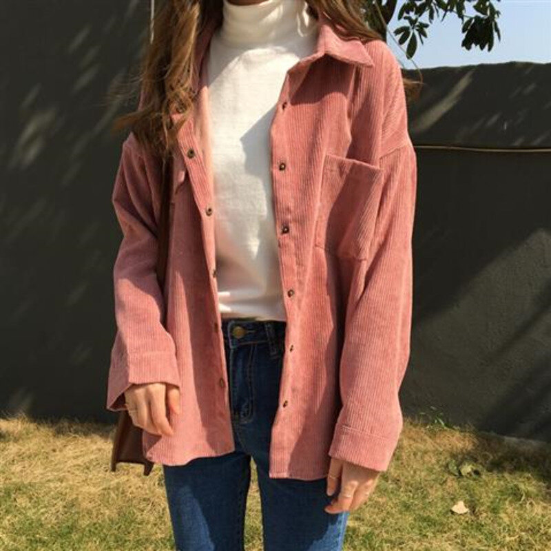 New Shirt 2021 Autumn New Ins Loose And Versatile Corduroy Shirt Women's Solid Color Casual Long Sleeve Shirt Coat