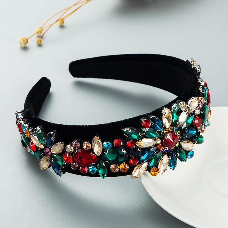 King Shiny Luxury Baroque Multi Color Crystal Headband Vintage Geometric Gemstone Beaded Hairband Princess Party Headpiece Tiara