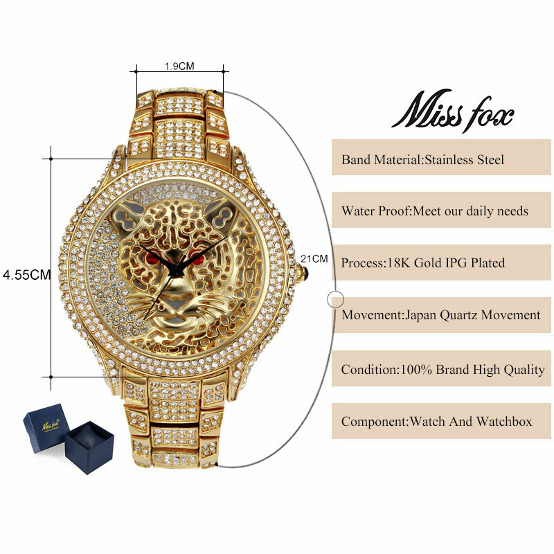 MISSFOX-relojes de marca Miss Fox para mujer, reloj de lujo de Tigre, de cuarzo contraído, informal, de pulsera de oro plateado genuino