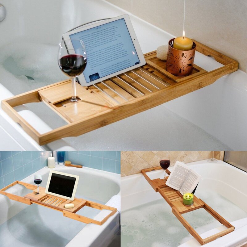豪華なバスルーム竹風呂の浴槽棚ブリッジ浴槽キャディートレイラック格納式ワインガラスブックホルダー浴槽ラックサポート