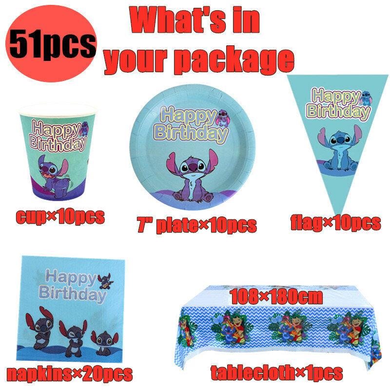 Disney Stitch Themed Birthday Party Decorations Paper Plates Cups Flag Tablecloth Disposable Tableware Set Baby Shower Supplies