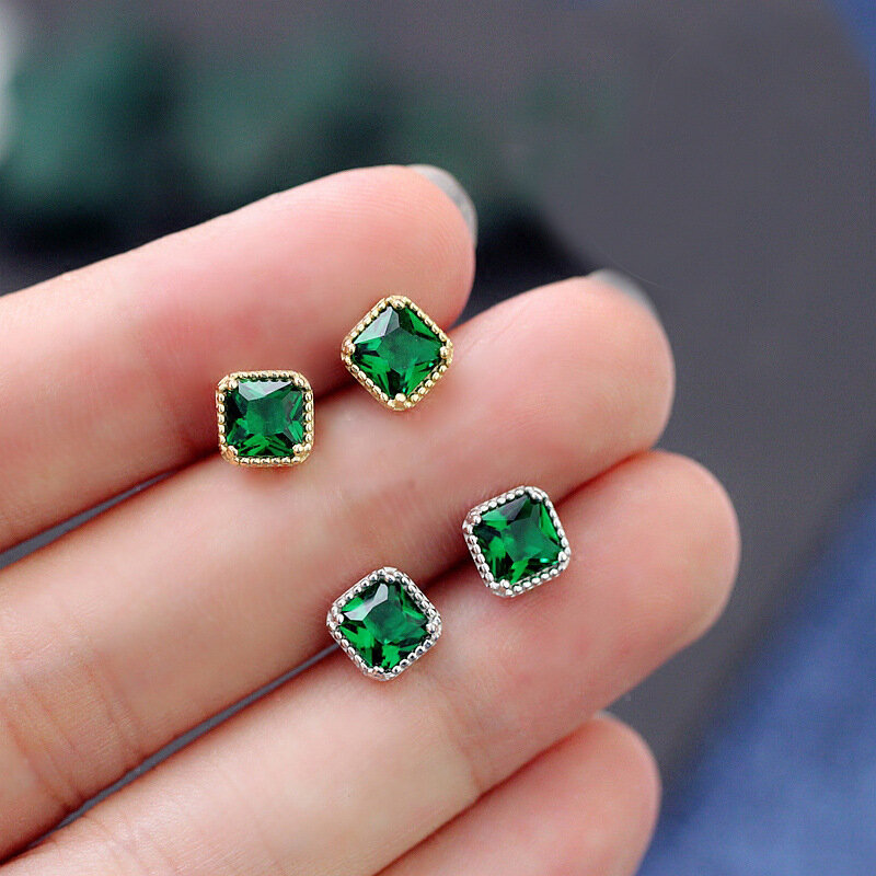 VENTFILLE 925 Sterling Silver Geometric Square Emerald Green Zircon Stud Earrings For Women Temperament Simple Trendy Jewelry