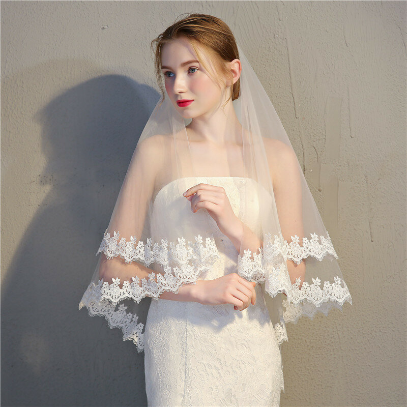 Nzuk duas camadas borda do laço véu de casamento 2022 véu nupcial barato acessórios do casamento mais tamanho veu de noiva voile de mariee