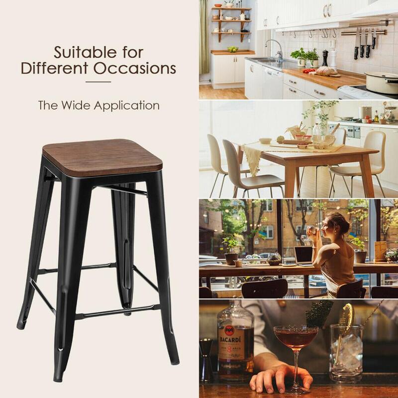 4 개의 카운터 높이 세트 Backless Barstool 26 ''금속 Stackable Stool w/Wood Seat HW66692BK-4