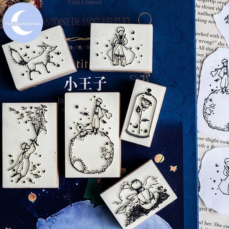 YUEGUANGXIA Fairy Tale Little Prince นก Rose Fox แสตมป์ยางไม้สร้างสรรค์ Bullet Journal Supplies แสตมป์ไม้ 6 แบบ